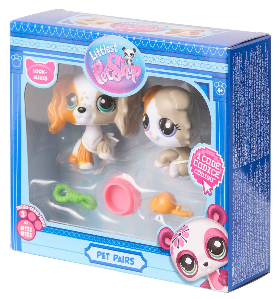 Figuren Littlest Pet Shop Pet Pairs, Verschiedene Sorten, in einer blauen Box mit zwei Tierfiguren und Zubehör.