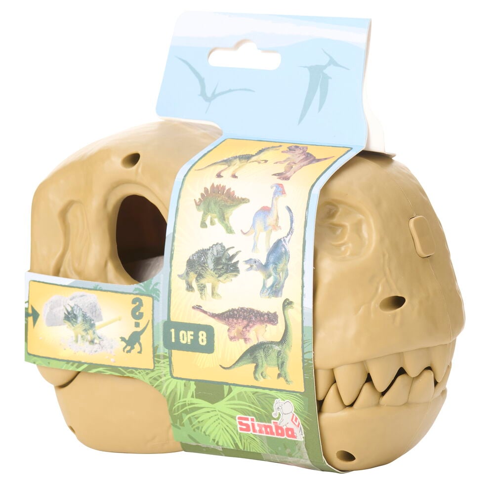 Keräilyhahmo dinosaurus 15x11 cm T-Rex kallo, beigekontti paperinauhalla, näyttää 8 dinosaurusfiguuria.