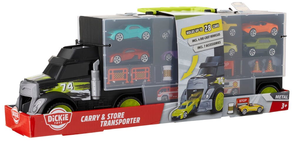 Musta Dickie Toys Säilytyslaukku auton kuljetukseen, jossa on kirkas perävaunu, pitää sisällään erilaisia leluautoja ja tarvikkeita.