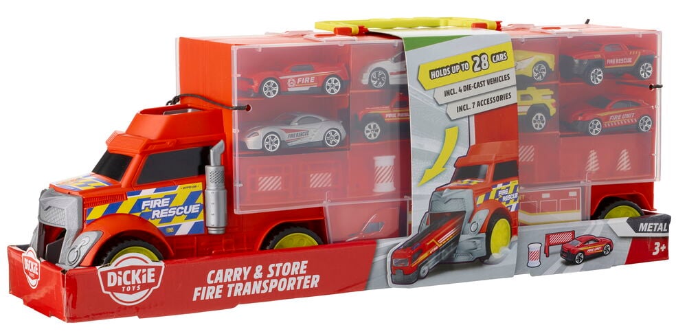 Punainen Säilytyslaukku auton kuljetukseen Dickie Toys leluauto, jossa läpinäkyvät lokerot useilla paloautoilla.