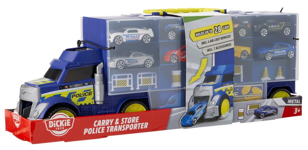 Sininen Dickie Toys Säilytyslaukku auton kuljetukseen rekka läpinäkyvillä lokeroilla, sisältää valikoima pieniä autoja ja tarvikkeita.