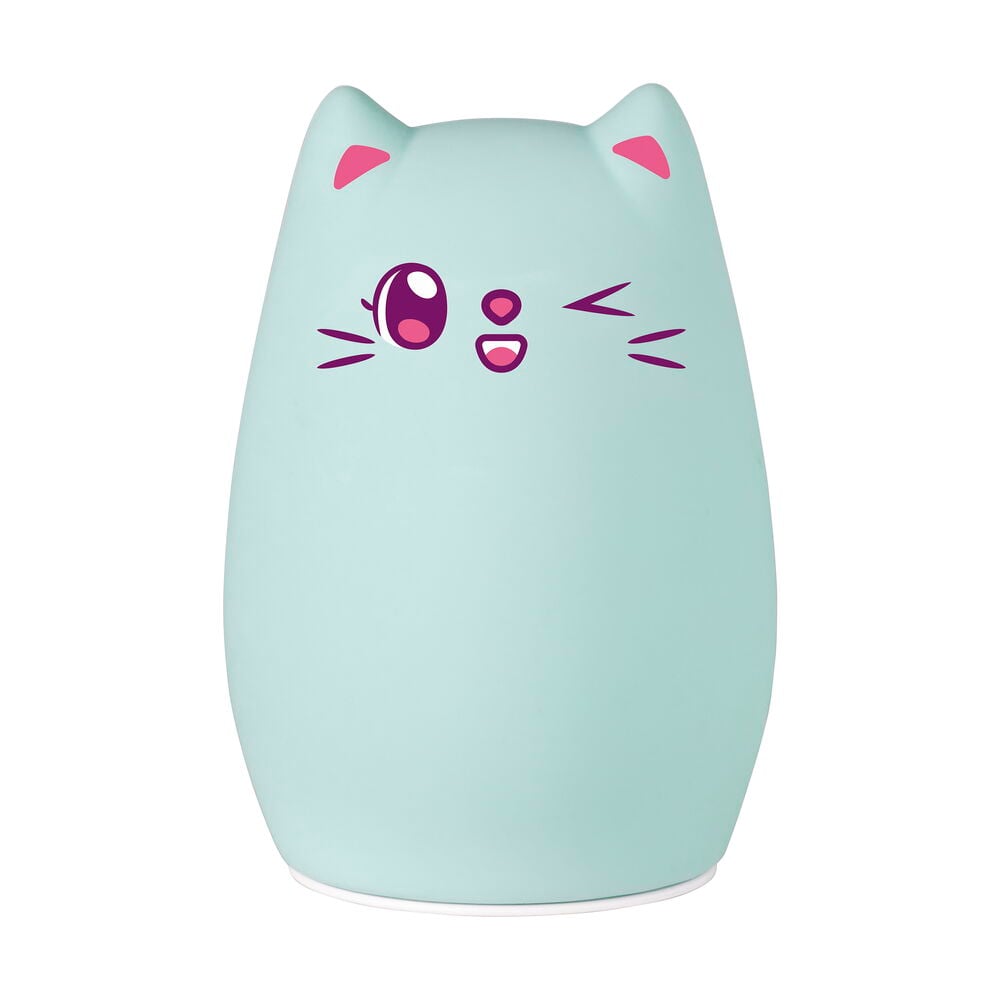 En lyseblå katteformet Nattlampe Bedtime Buddy med rosa ører, et blinkende øye og et smil.