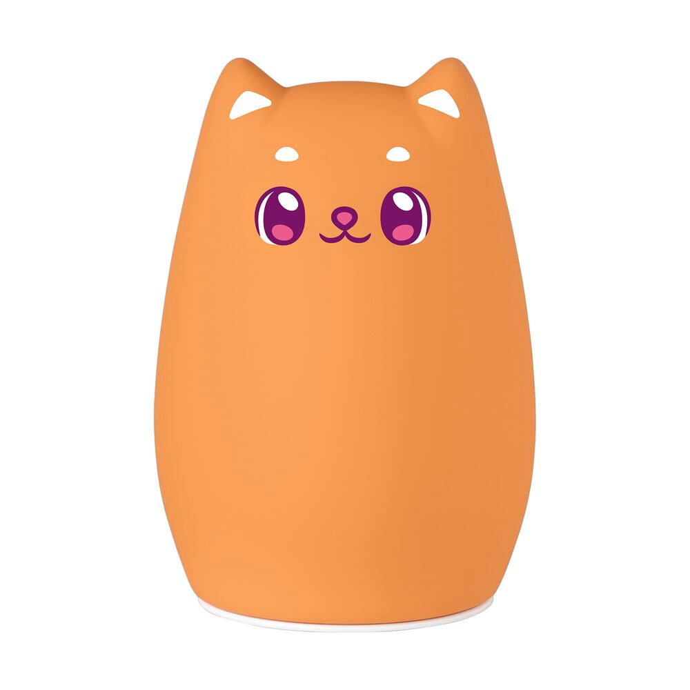 Nattlampe Bedtime Buddy, oransje kattlampe med lilla øyne, svart nese og hvite detaljer.