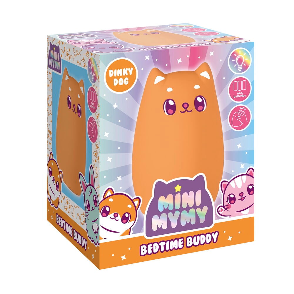 Oransje Dinky Dog Mini Mymy Bedtime Buddy nattlampe, forpakkes i eske med figurillustrasjoner.