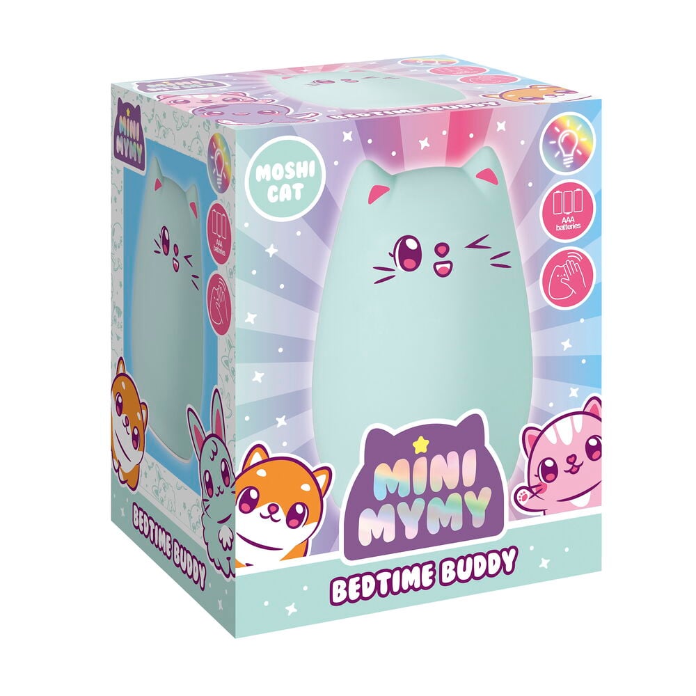 Lyseblå Moshi Cat Bedtime Buddy nattlampe, 14 cm, vist i fargerik detaljhandelsboks.