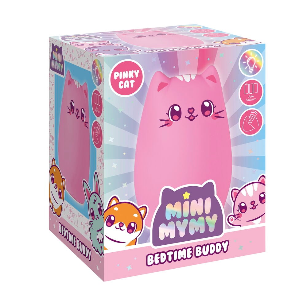 En rosa katteformet Nattlampe Bedtime Buddy 14 cm Flere sorter vises i sin fargerike produkteske.