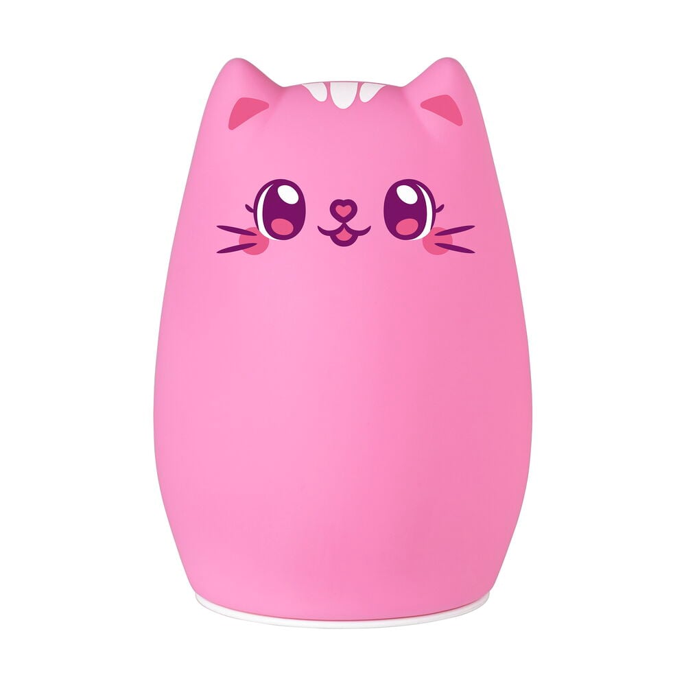 Rosa katteformet Nattlampe Bedtime Buddy 14 cm Flere sorter, med tegneserieøyne og værhår, forfra.