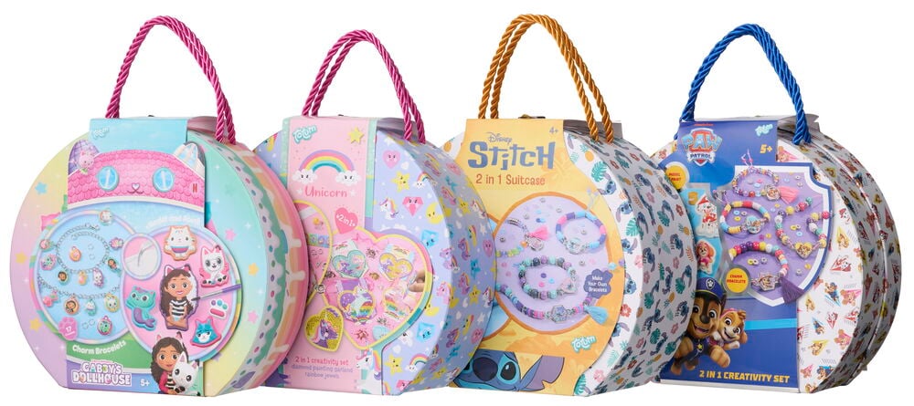 Gaby's Dollhouse, Unicorn, Disney Stitch ja Paw Patrol Totum 2 in 1 valikoima aktiivisuussettejä pyöreissä koteloissa.