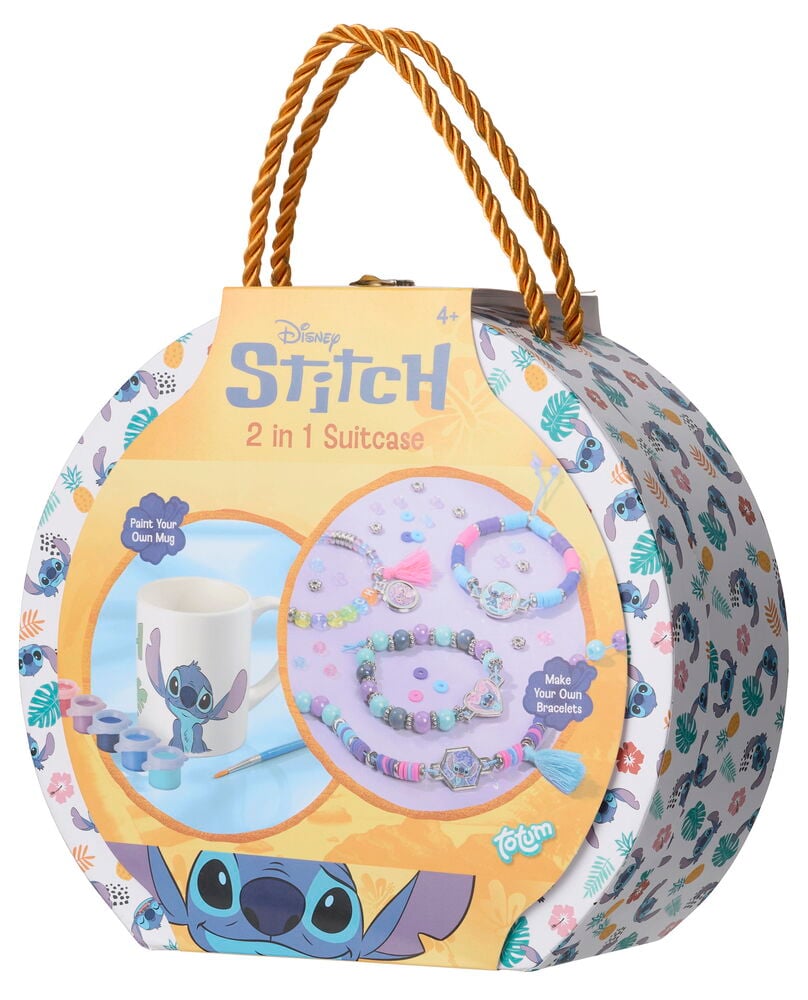 Pyöreä valkoinen Disney Stitch 2 in 1 -aktiviteettisetti matkalaukku kultakahvalla, mukin maalaussetillä ja rannekorusetillä.