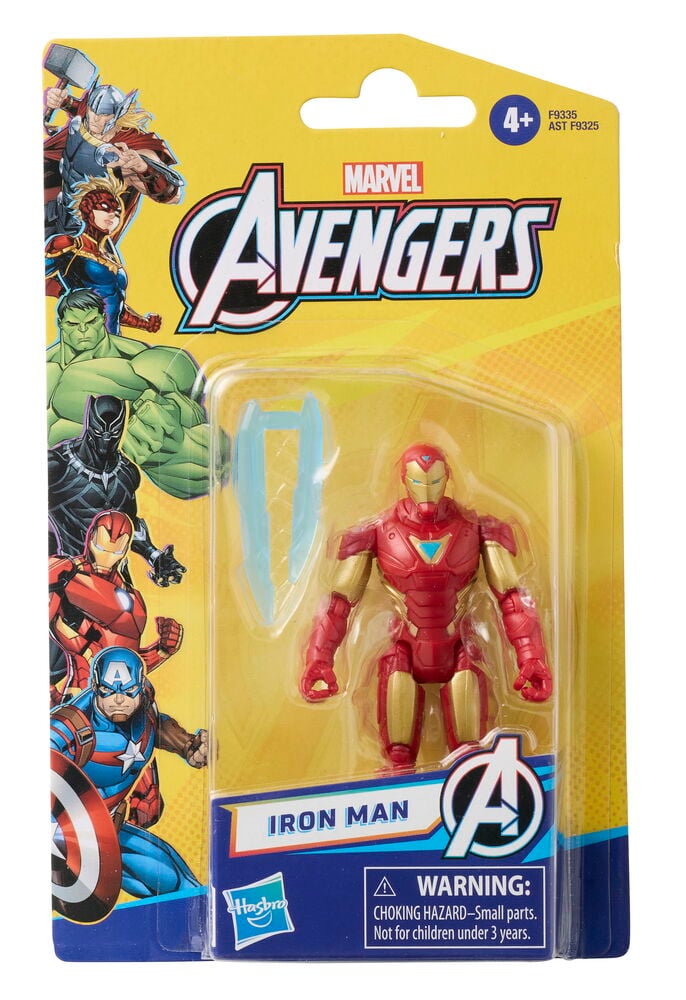 Actionfigur Marvel Avengers 10 cm Flera sorter, en röd- och guldfärgad Iron Man-figur med en blå sköldaccessoar.