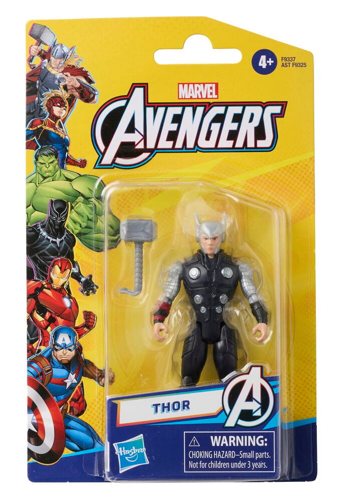 En svart och silverfärgad Thor-actionfigur med silverhjälm håller en grå hammare i klar förpackning.