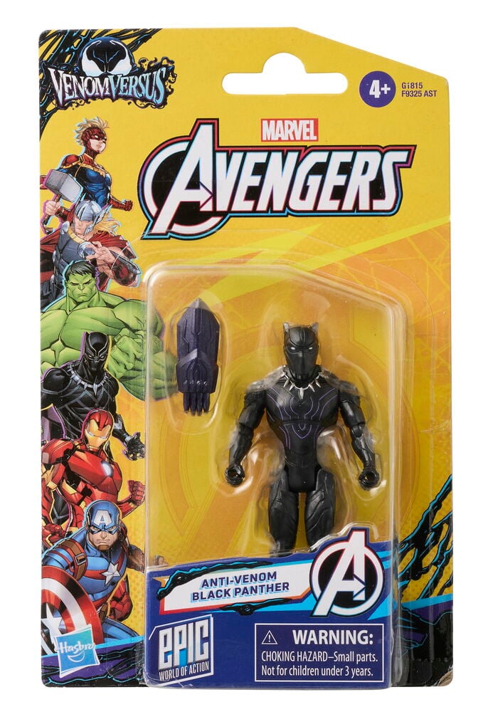 Svart Panter actionfigur, 10 cm, med tillbehör på gul Marvel Avengers förpackning.