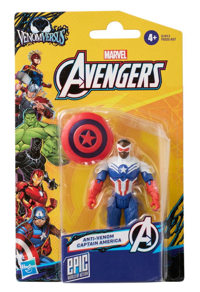 Marvel Avengers Anti-Venom Captain America actionfigur i blå, röd, vit dräkt, med sköld, på förpackningskort.
