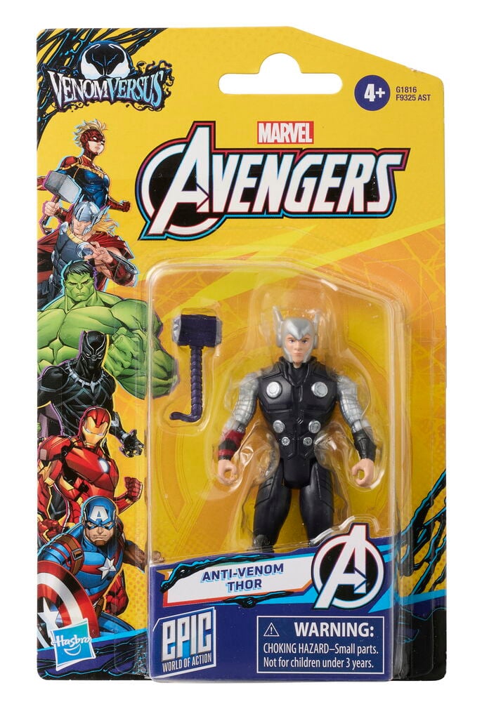 Actionfigur Marvel Avengers 10 cm Flera sorter, en svart och silver Anti-Venom Thor med Mjolnir på gul karaktärstema-förpackning.
