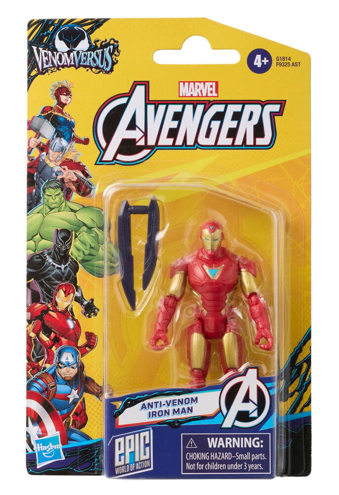 Marvel Avengers 10 cm actionfigur: röd och guld Anti-Venom Iron Man med mörkblått tillbehör.