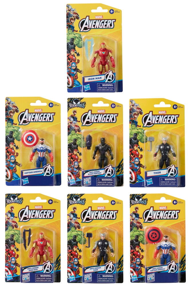 Actionfigur Marvel Avengers 10 cm Flera sorter, visar sju olika karaktärsfigurer i förpackning.