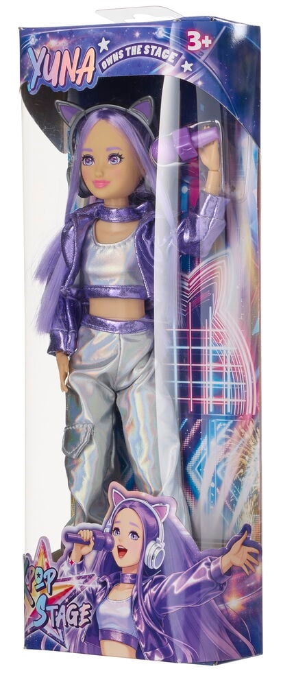 Nukke K-Pop Stage 26 cm metallinhopealla topilla, violetilla takilla, hopeahousuilla, pitää mikrofonia, pakattuna.
