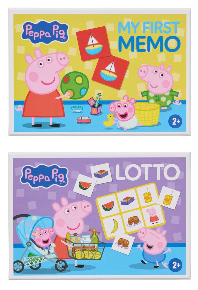 To Peppa Pig-spill: gul My First Memo-eske og lilla Lotto-eske, med karakterer og lekescener, 2+.
