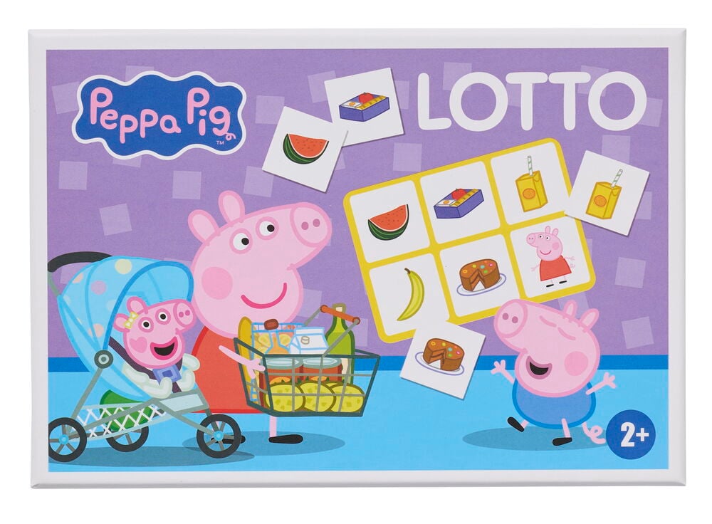 En Spill Peppa pig boks viser karakterer og spillkort på lilla bakgrunn med "LOTTO" tekst.