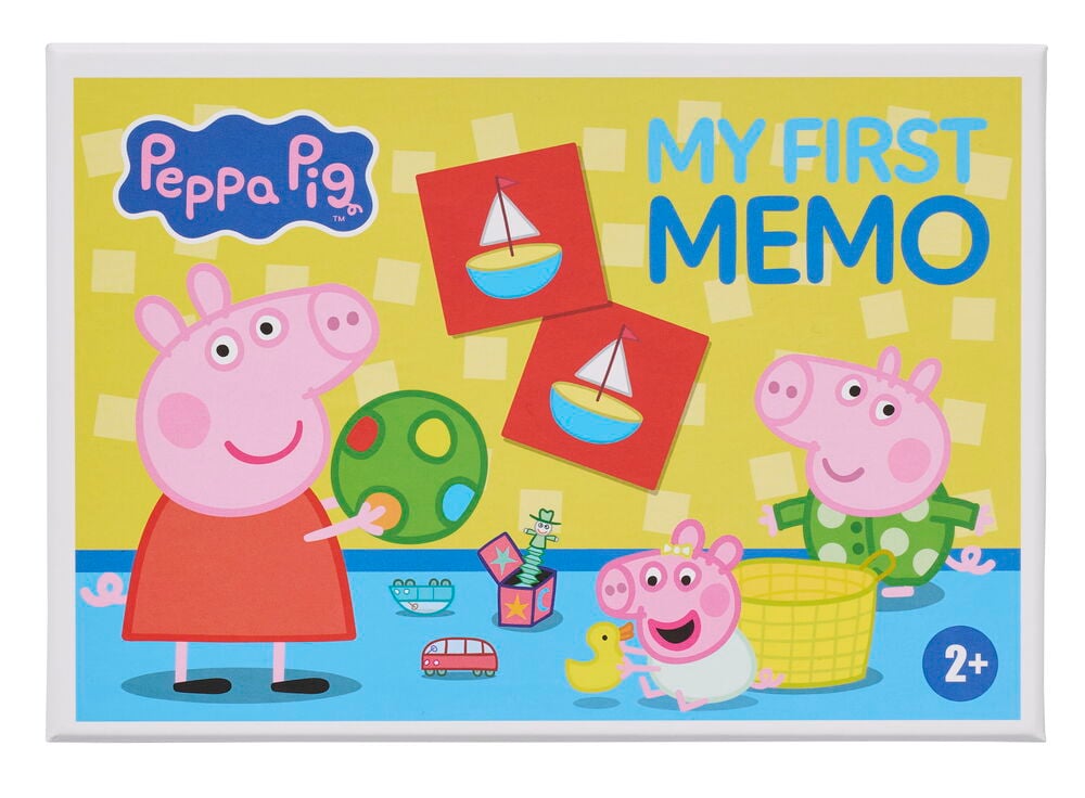 Spill Peppa pig: et gulblått spillebrett med Peppa Gris-figurer, båtkort og "2+" aldersmerke.