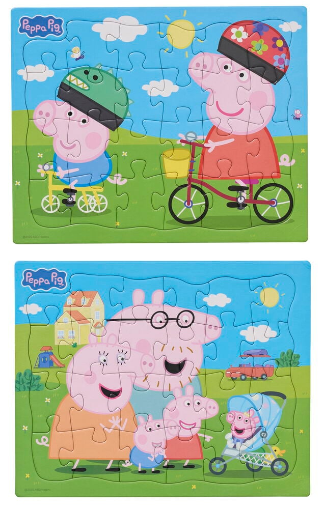 Kaksi Peppa Possu 24-palan palapeliä. Toinen näyttää Peppan ja Georgen pyöräilemässä; toinen, Peppa Possu -perheen.