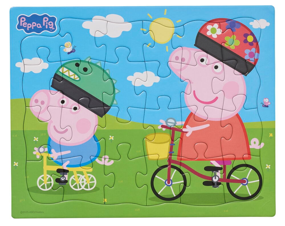 Palapeli Peppa pig 24 palaa näyttää Peppan ja Georgen pyöräilemässä kypärät päässä.
