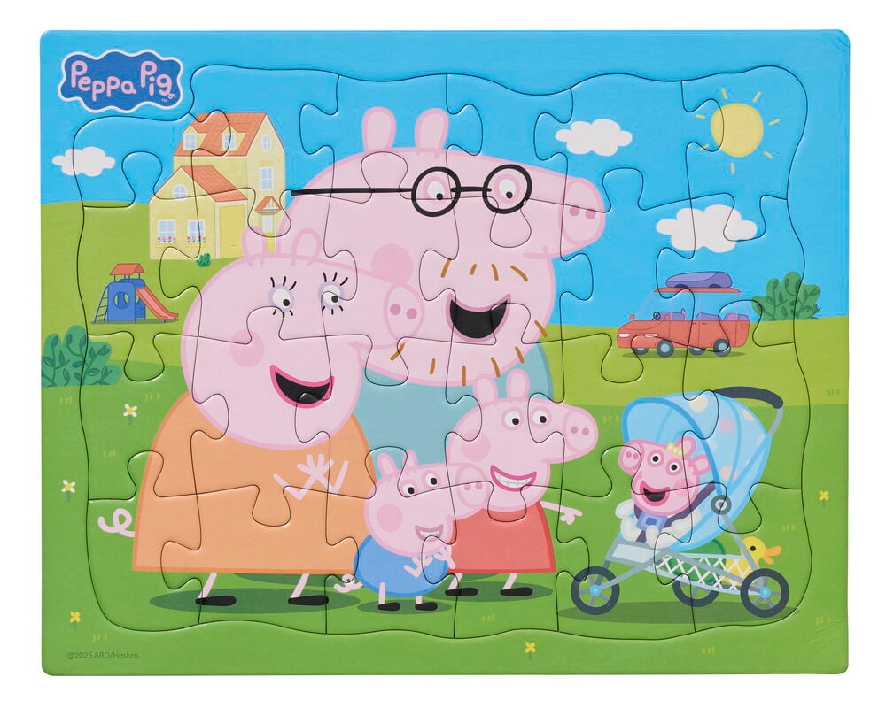 Palapeli Peppa pig 24 palaa Friends/Family, edestäpäin, esittää koko Peppa Porsas -perheen ulkoilmakohtauksessa.