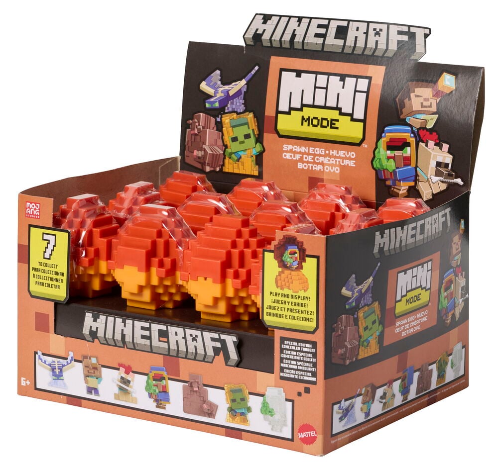 Brauner Karton Sammelfigur Minecraft Mini 5,7 cm Spawn egg Display mit orange/gelben Kapseln und Figuren.