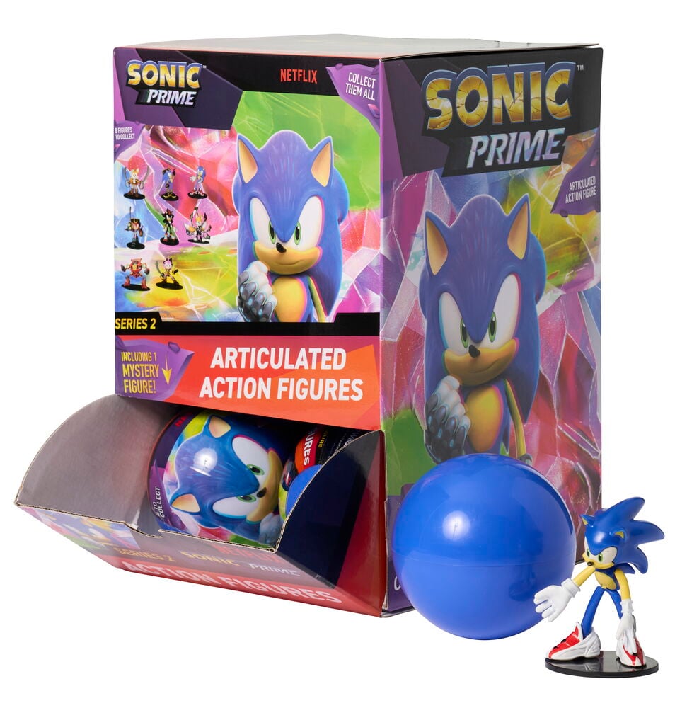 Keräilyhahmo Sonic Prime 8 cm mysteeripallossa, toinen hahmo ja esittelylaatikko, jossa näkyy 8 hahmoa.