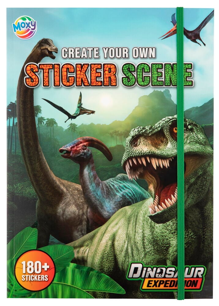 Klistremerkebok Moxy Dinosaur Expedition med dinosaur- og jungelomslag, sikret med grønt strikkbånd, forfra.