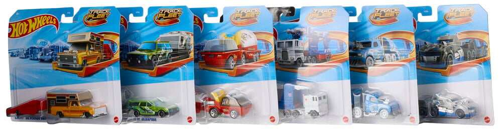 Kuusi erilaista Kilpa-auton kuljetus Hot Wheels 1-pack Valikoima leluajoneuvosettiä esillä läpipainopakkauksissa.