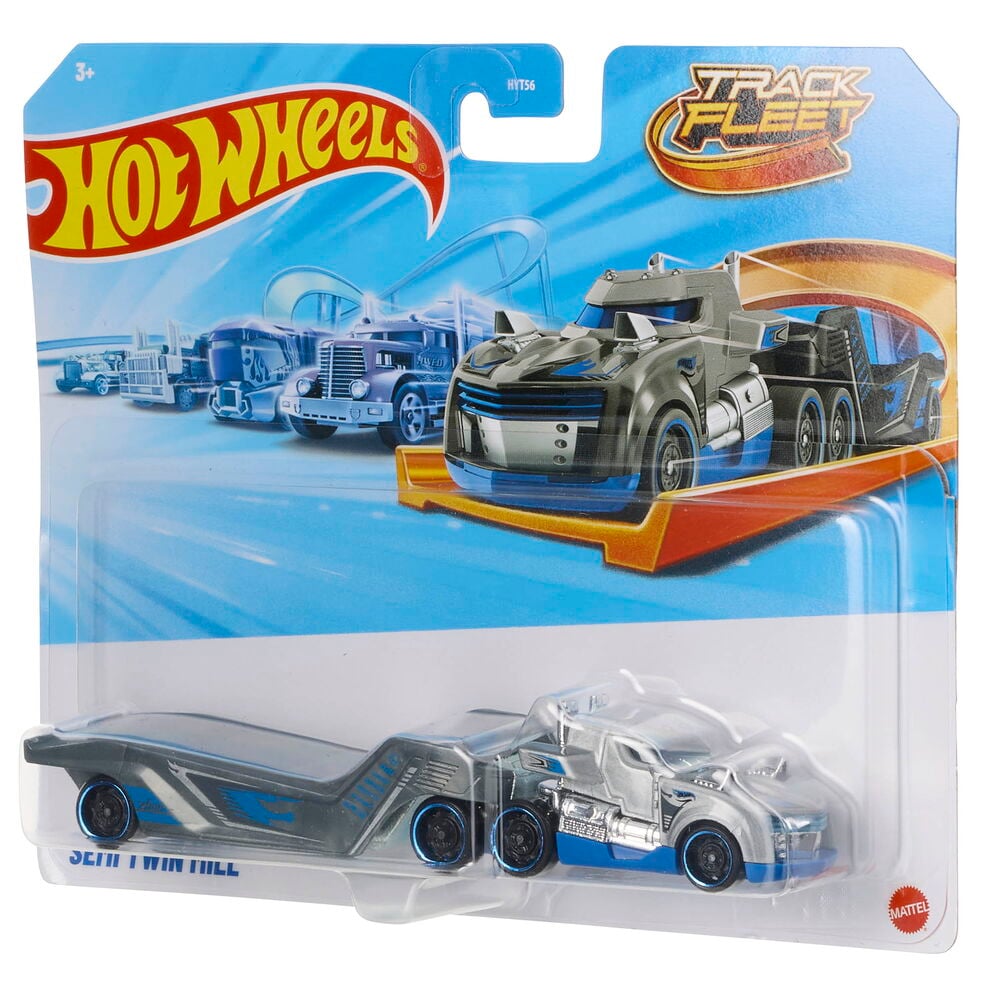 Kilpa-auton kuljetus Hot Wheels 1-pack Valikoima. Hopeinen ja sininen lelu-rekka perävaunulla läpinäkyvässä pakkauksessa.