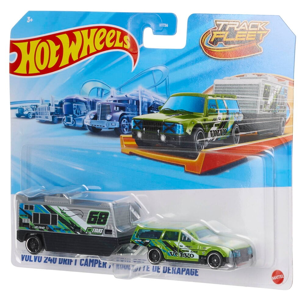 Kilpa-auton kuljetus Hot Wheels 1-pack Valikoima, sisältää vihreän Volvo 240 drift-matkailuauton ja vetoajoneuvon.
