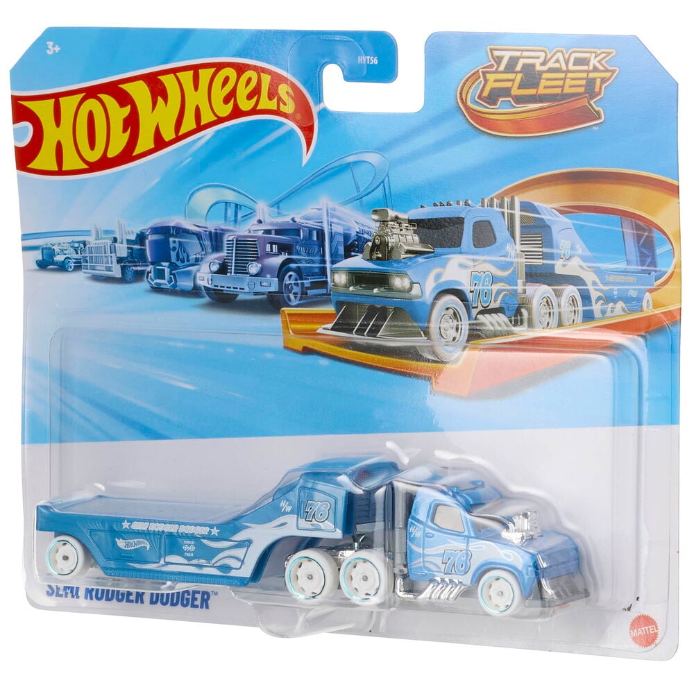 Sininen Hot Wheels Kilpa-auton kuljetus 1-pack valikoima Sisu Kudger Duudger leluauto ja perävaunu pakkauksessa.