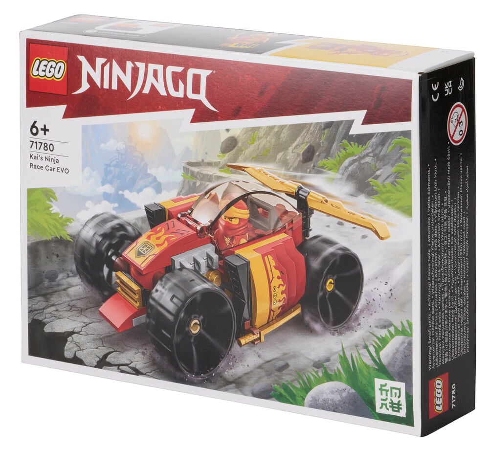 Valkoinen LEGO Ninjago Kais ninjaracerbil EVO 94 osaa -laatikko esittää punakultaisen ninjakilpa-auton.