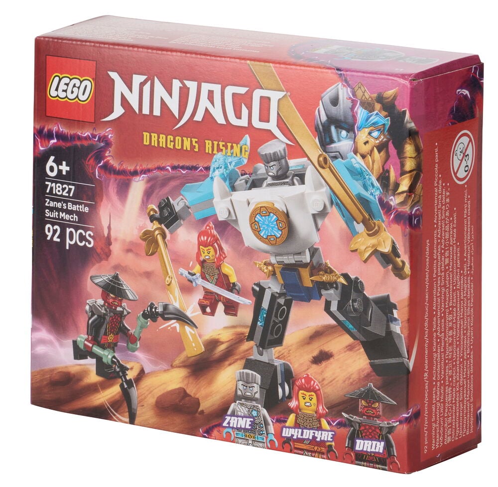 LEGO Ninjago Zane's Battle Suit Mech 92 osaa, punainen laatikko valkoisella mechillä ja kolmella minihahmolla.