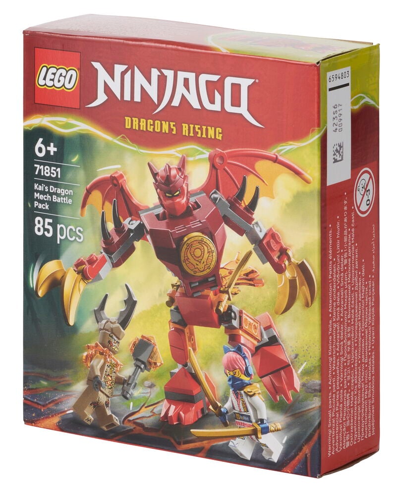 LEGO Ninjago Kai's Dragon Mech Battle Pack 85 osaa laatikko esittää punaisen lohikäärmerobotin, soturi- ja ninjafiguureja.