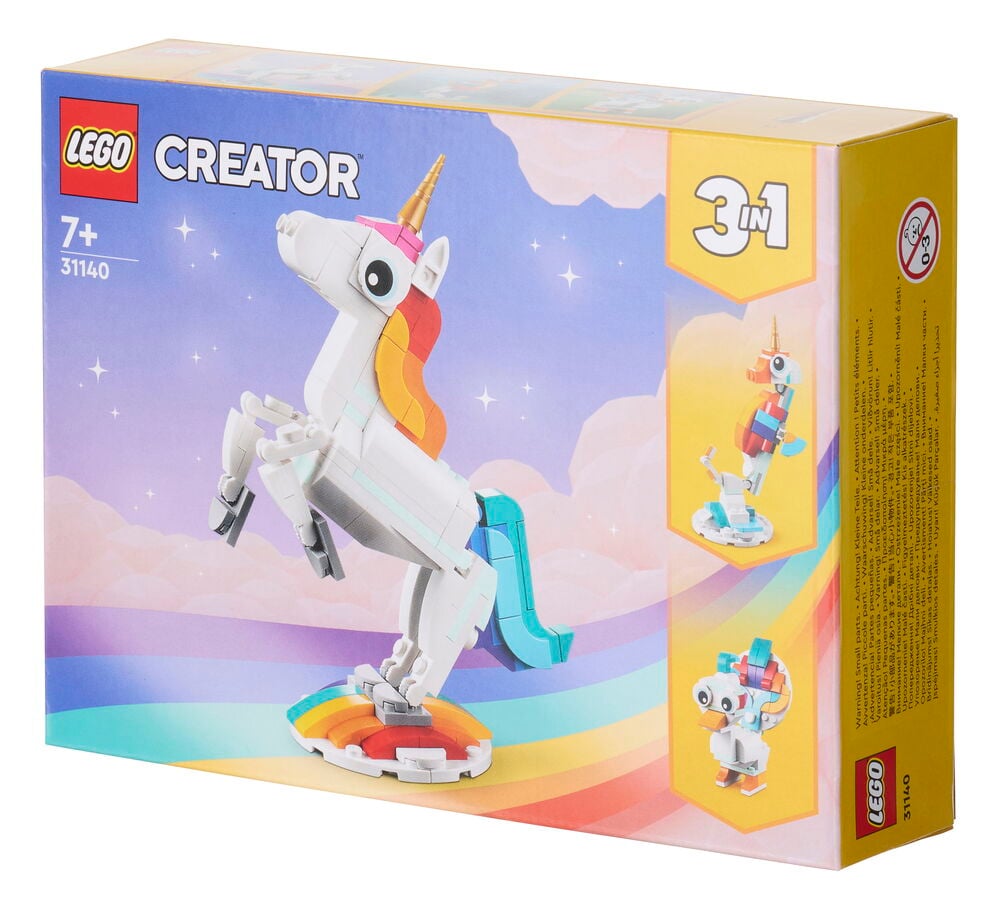 Lego Creator Magical Unicorn 145 deler sett-eske viser hvit enhjørning, sjøhest og påfugl bygger.