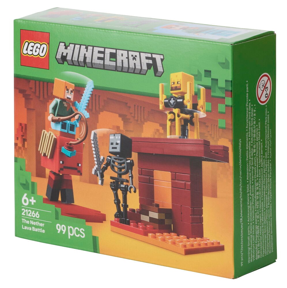 LEGO Minecraft The Nether Lava Battle 99 osaa laatikko, jossa Alexin, Wither Skeletonin ja Blazen minihahmot.