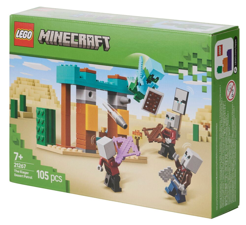 LEGO Minecraft The Illager Desert Patrol 105 osaa setti, jossa aavikon vartioasema ja neljä aseistettua Illager-hahmoa.