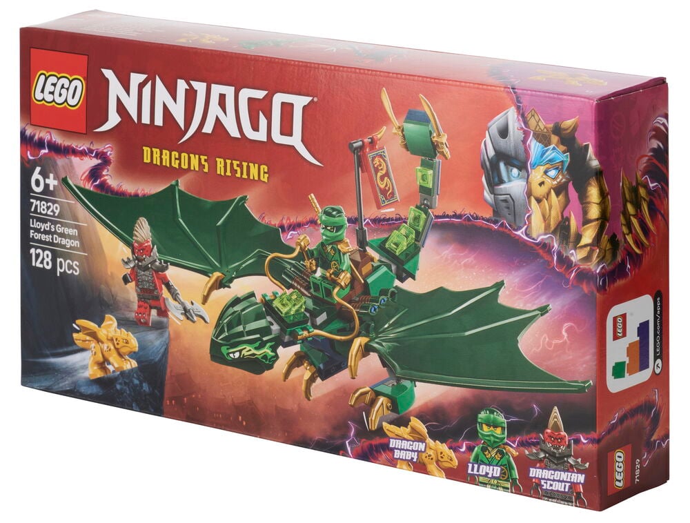 LEGO Ninjago Lloyd's Green Forest Dragon 128 osaa setti esittää vihreän lohikäärmeen, Lloydin, puna-panssaroidun ja kultaisen vauvalohikäärmeen.