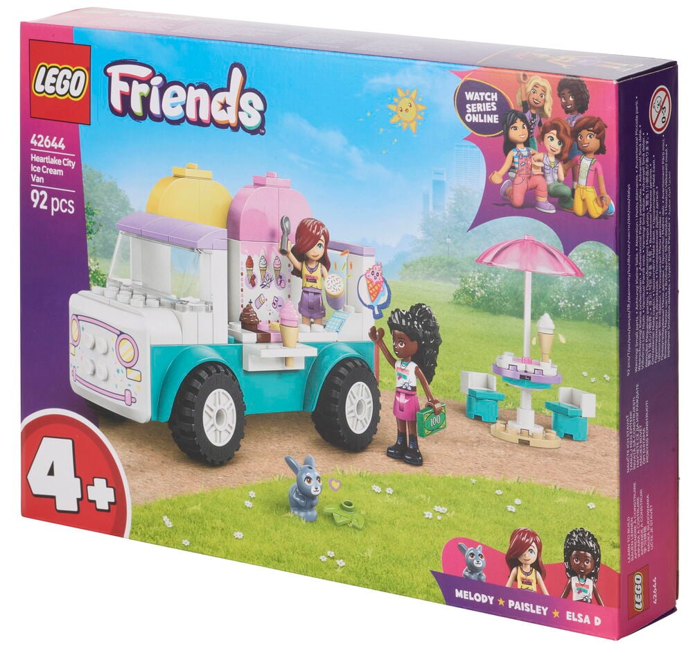 LEGO Friends Heartlake City Ice Cream Truck 92 deler: hvit, rosa, turkis lastebil, to minifigurer, kanin, kaféscene.