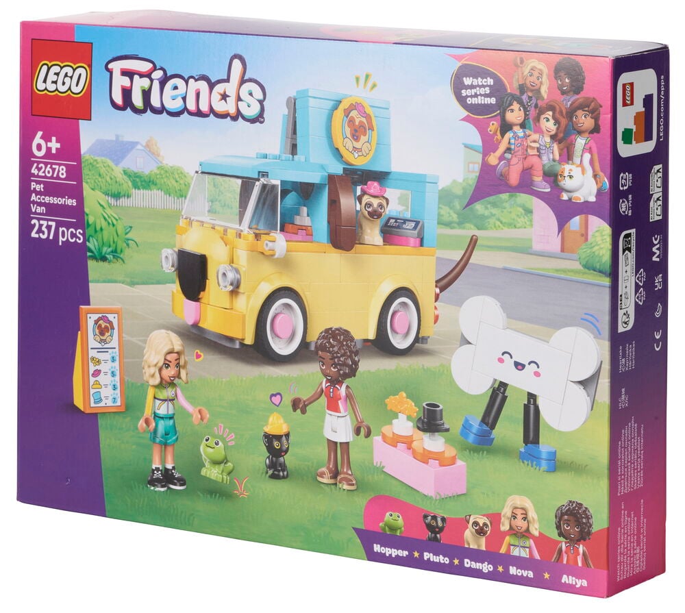 LEGO Friends Pet Accessories Van, keltainen ja sininen, kahdella mininukella, sammakolla, kissalla, mopsilla, luurobotilla ja tarvikkeilla.