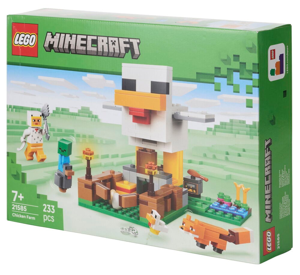 LEGO Minecraft Chicken Farm 233 osaa setti laatikko, esittää jättikanaa, hahmoja ja kanakoppia.