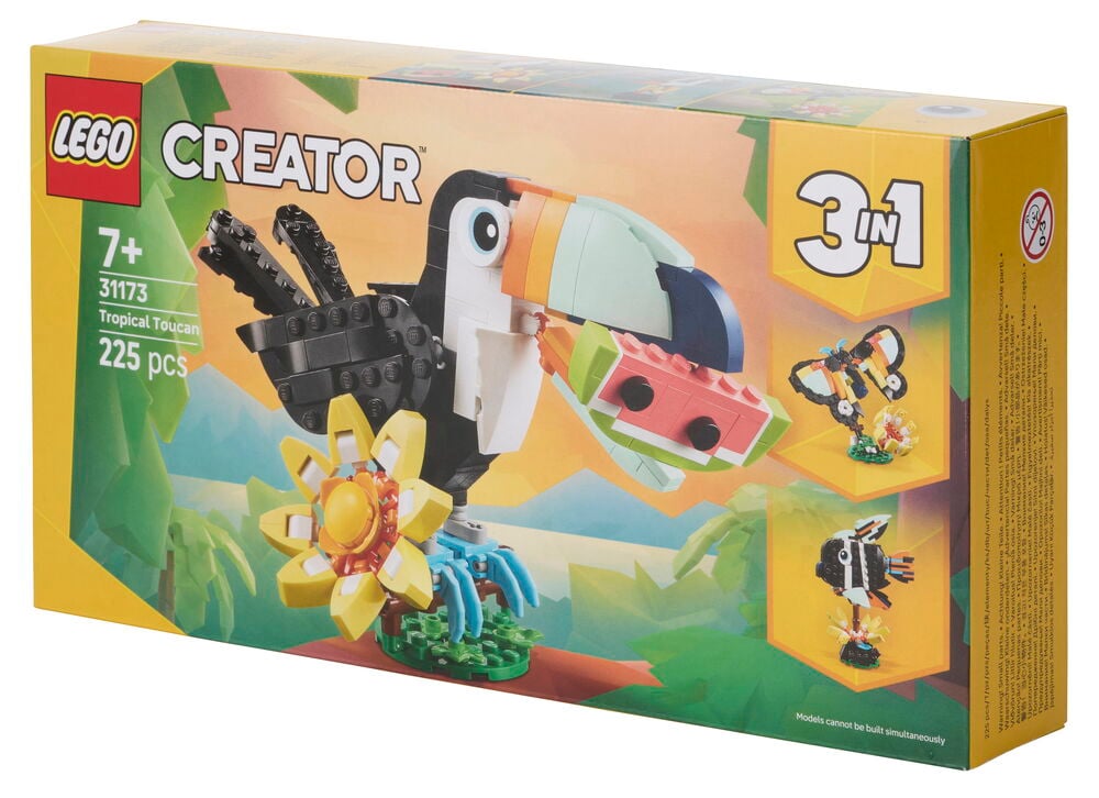 Lego Creator Wild Animals: Tropical Toucan 225 osaa; tukaani vesimelonilla, sekä perhonen ja kala vaihtoehtoisina rakennelmina.