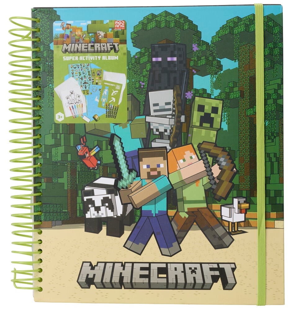 Grön spiralbunden Minecraft Aktivitetsbok Inkl. klistermärken, med karaktärer och djungelscen på omslaget, plus elastiskt band.