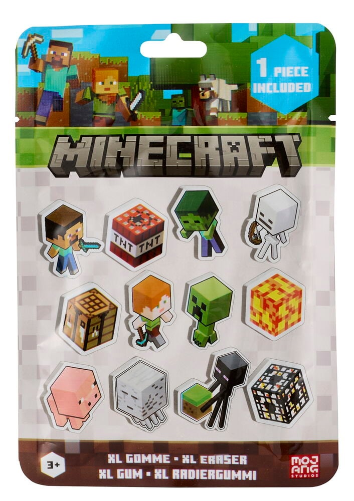 Samlarsuddgummi XL Minecraft-förpackning som visar 12 distinkta karaktärs- och blockformade suddgummin.