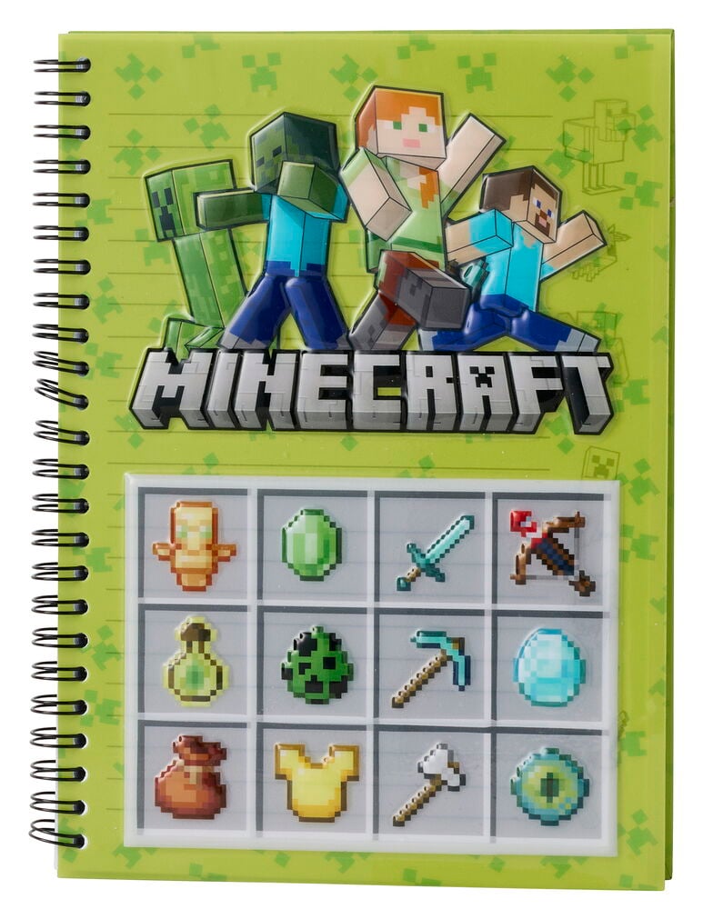 A5 spiralgebundenes Notizbuch Minecraft A5 mit lindgrünem Umschlag, geprägten Figuren und Aufklebern.