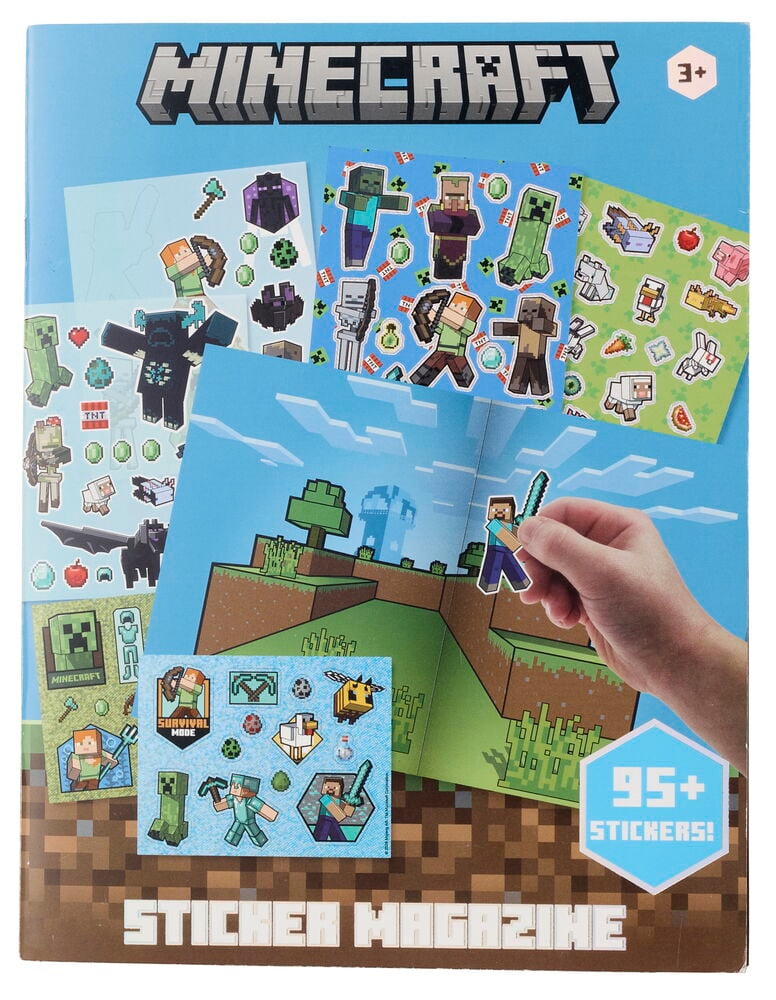 Klistermärkesbok Minecraft, öppen, visar olika karaktärsklistermärken, en landskapsscen och en hand som placerar ett klistermärke.