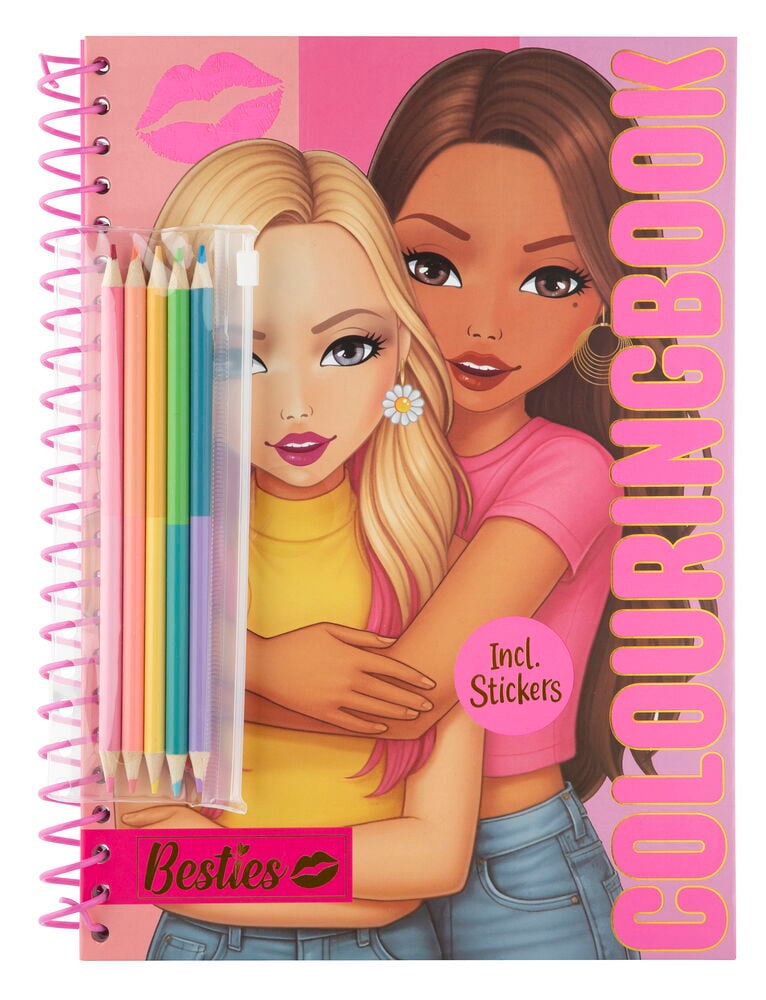 En rosa spiralbundet Besties fargeleggingsbok med to tegneseriejenter på omslaget, inkludert klistremerker og fargeblyanter.